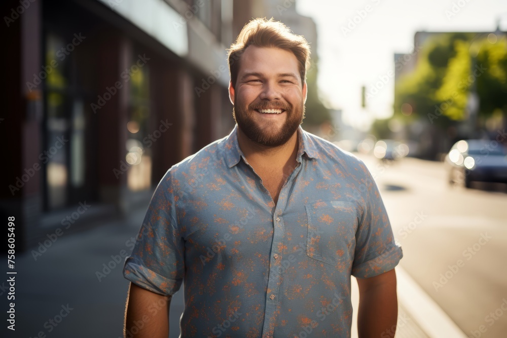 A charismatic plus-size male model, age 32, Caucasian, in a casual outfit, smiling against a bright, urban backdrop. A charismatic plus-size male model, age 32, Caucasian, in a casual outfit, smiling against a bright, urban backdrop.