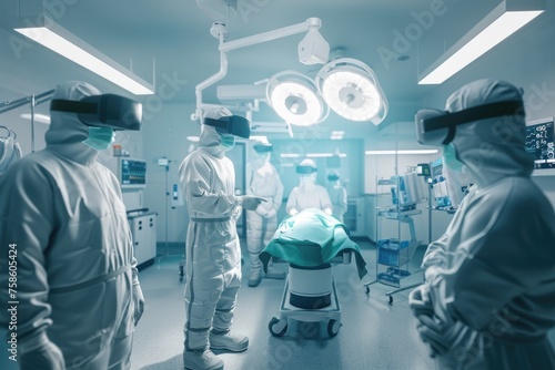 Surgeon in augmented reality glasses performing surgery, doctors surgeons in VR helmets in operating room, technology, VR AR reality photo