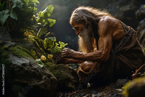 
Photo of an elderly Neanderthal grandmother foraging for roots and herbs in the lush prehistoric landscape, radiating warmth and nurturing. photo