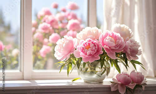 Glorious pastel pink bouquet of peonies in glass jug on floor by window. Flowers in interior design. Cozy home. AI Generated