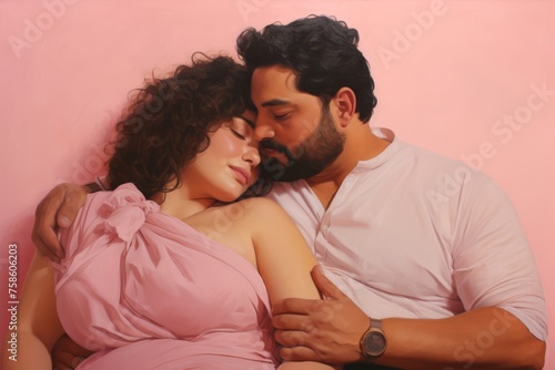 
Plus-size couple cuddling closely against a subtle pink background, evoking tenderness and warmth.