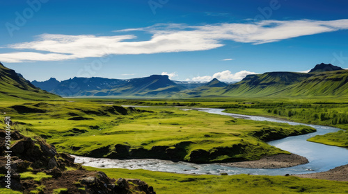 Landscape in Iceland with vast expanses of green grasslands, high icy mountains, large rocks, rivers, bright blue skies , and house created with Generative AI Technology