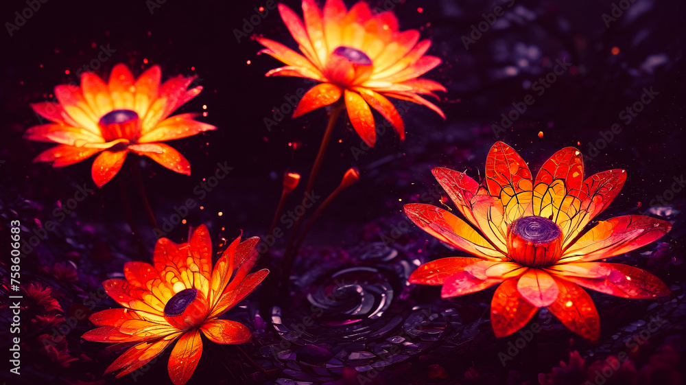 Swirling flowers in spiral shapes. They burst and glow in the darkness. Generative AI. Swirling flowers in spiral shapes. They burst and glow in the darkness. Generative AI.