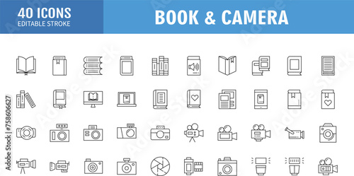 Book and camera line icon set. Editable stroke. Vector illustration