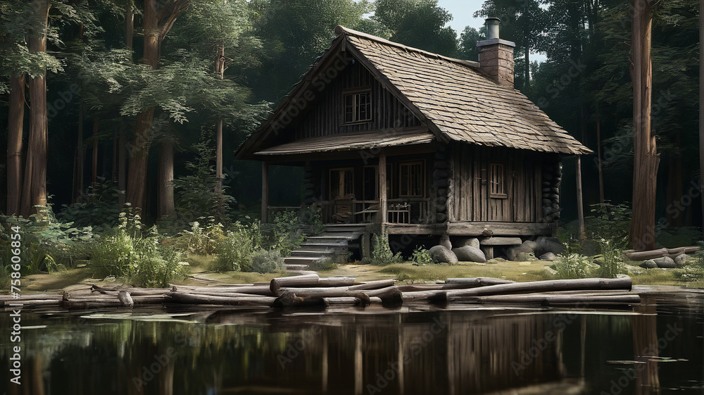 Fototapeta premium Wooden cottage by the lake surrounded by green trees. Summer. Generative AI.