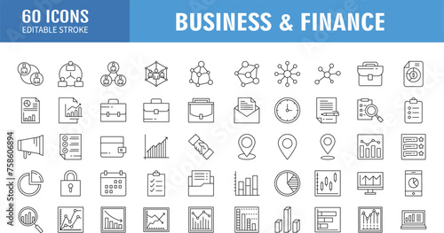 Set of 50 Business icons. Business and Finance web icons in line style. Money, bank, contact, infographic. Icon collection. Vector illustration.