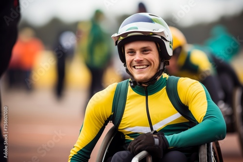 
Photo Portrait of a young man from Australia, with a bright smile and determination in his eyes, in his racing wheelchair, training for the track events at the Paralympics. photo