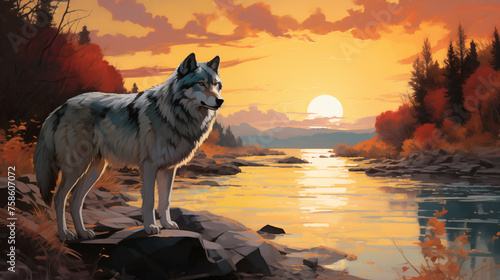 Watercolor painting of a wolf in nature The setting sun shines beautifully. photo