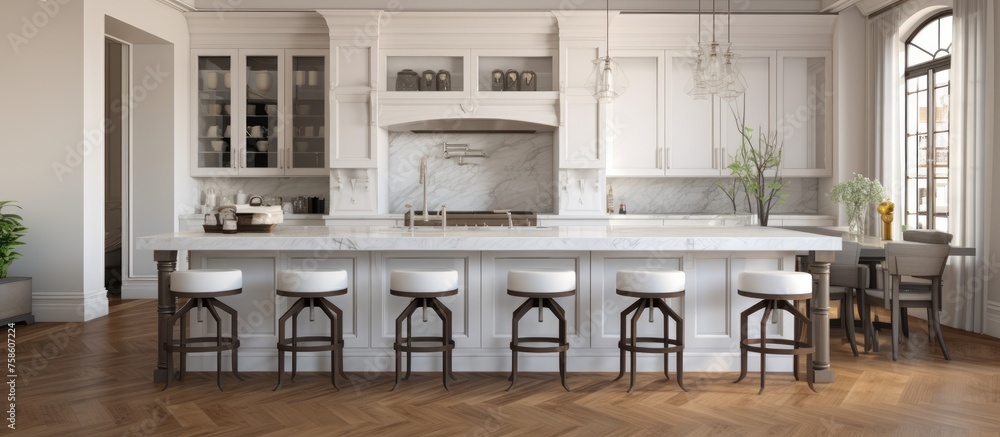 Kitchen interior design with wooden flooring, marble counters, white cabinets, and built-in appliances, including a marble bar with stools in the front.