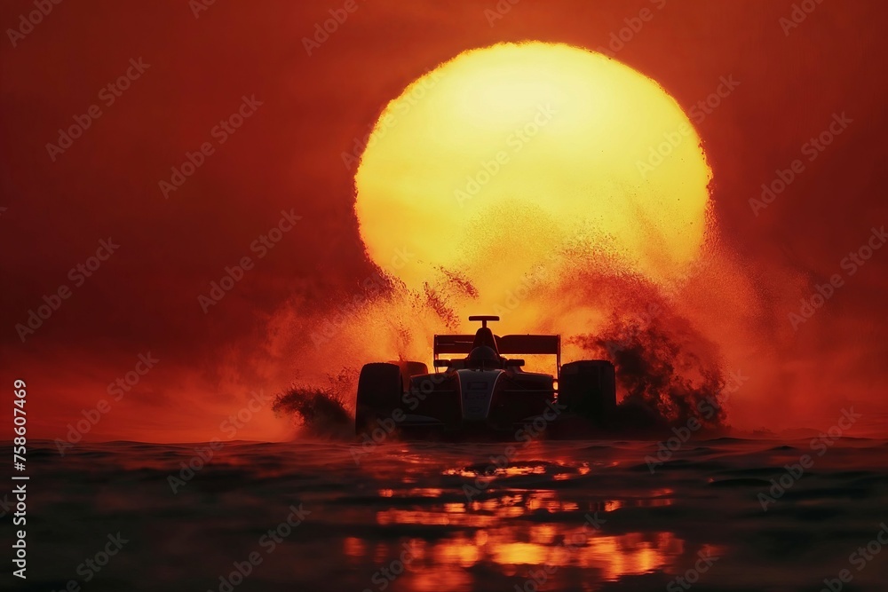 Fototapeta premium Photorealistic ai artwork of an open wheel racecar on a wet race tract with mist and water, silhouetted in front of a large sun at sunset or sunrise. Generative ai.