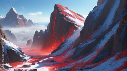 Blood-red craggy rocks. A daunting place for climbers. Generative AI.