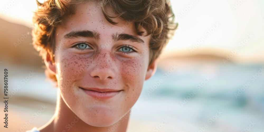 Naklejka premium handsome young man with blue eyes and brown hair, generative AI