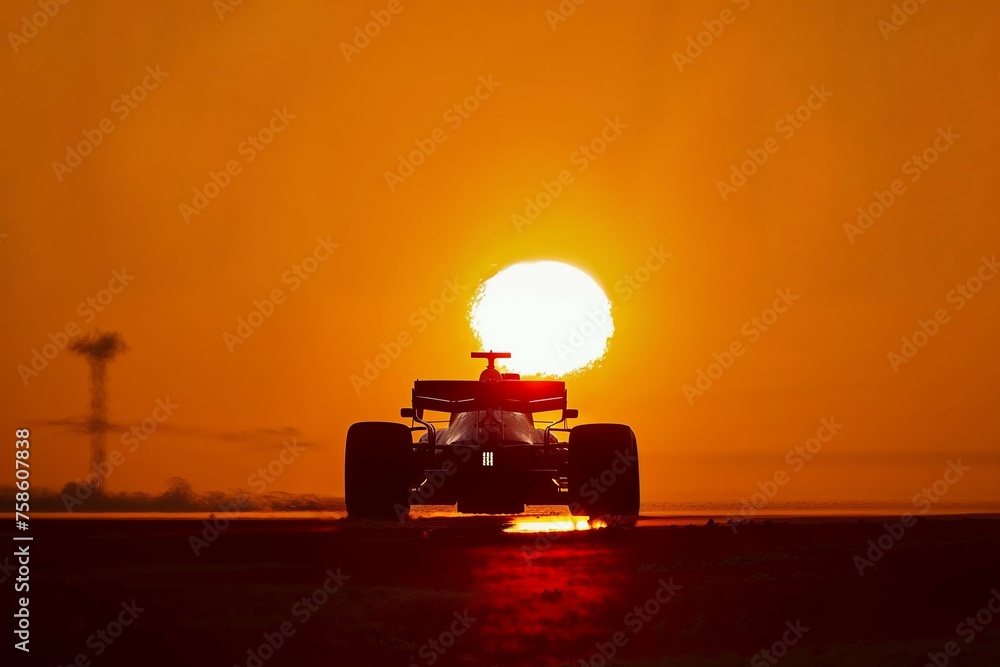 Fototapeta premium Photorealistic ai artwork of an open wheel racecar silhouette in front of a large sun at sunset or sunrise. Generative ai.
