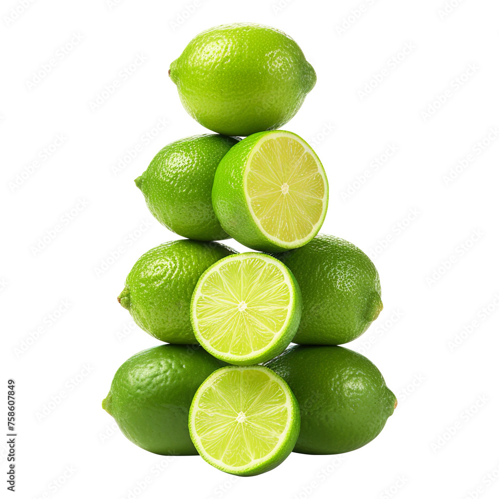 Stacked whole and cut limes isolated on transparent background Remove png, Clipping Path, pen tool Stacked whole and cut limes isolated on transparent background Remove png, Clipping Path, pen tool