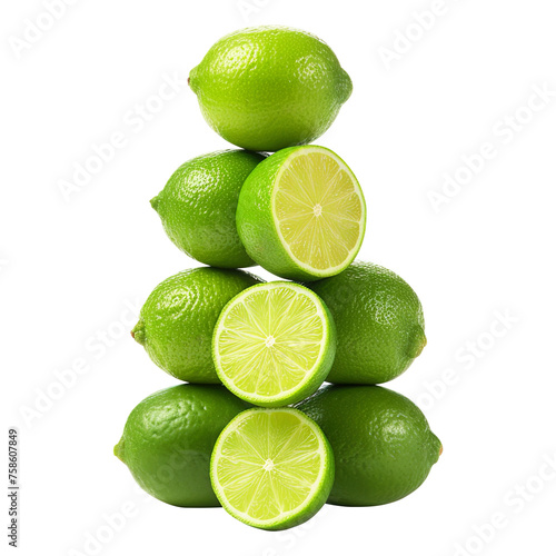 Stacked whole and cut limes isolated on transparent background Remove png, Clipping Path, pen tool photo