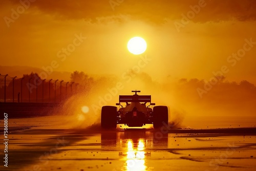 Photorealistic ai artwork of an open wheel racecar on a wet race tract with mist and water, silhouetted in front of a large sun at sunset or sunrise. Generative ai.
