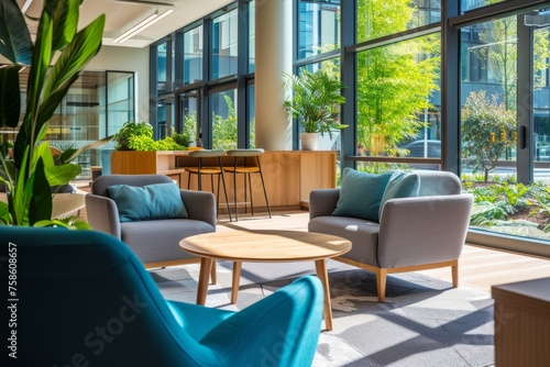Corporate Business Photography of a Cozy Breakout Area with Comfortable Seating and Natural Light  Generative AI