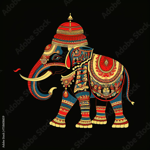 Traditional madhubani style painting from India of an elephant on a black background.