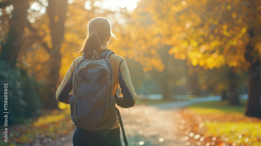 Obraz premium Woman enjoys a peaceful walk through an park, a gentle reminder of the simple pleasures and beauty of nature. Woman with backpack, rucking