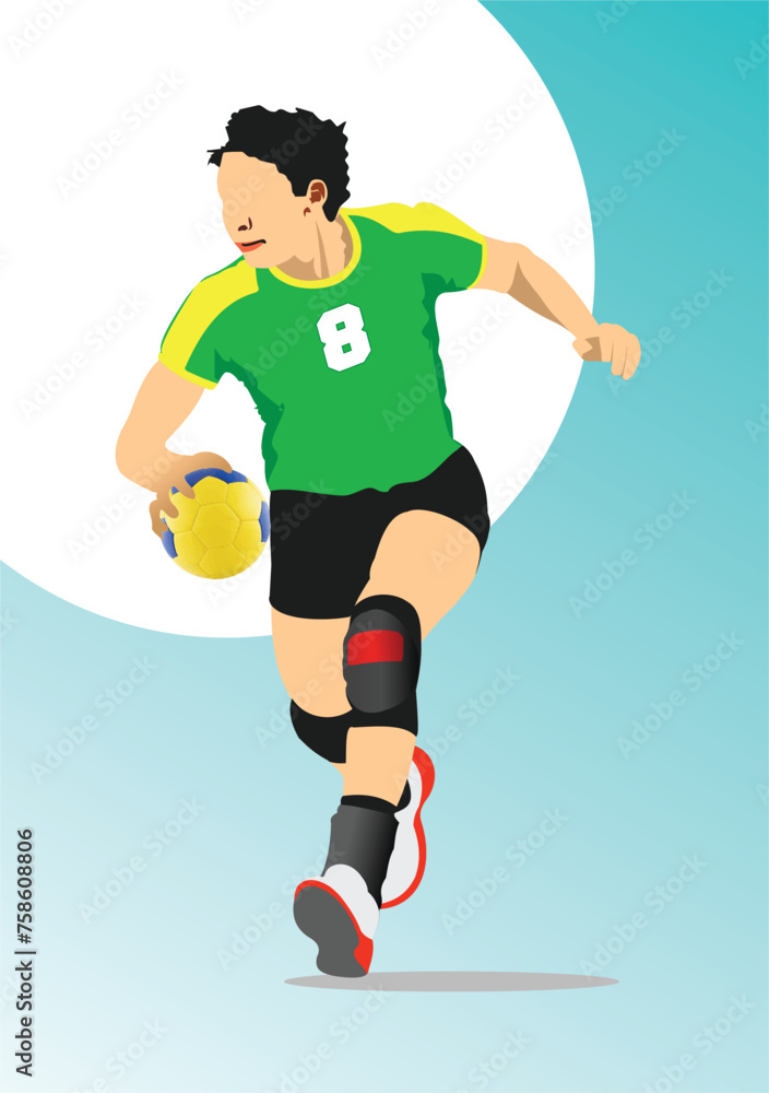 Handball player silhouette. 3d color vector hand drawn illustration