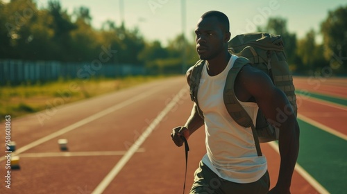 A focused male athlete in a sleeveless top trains on a sunny track, perseverance shining in his expression, with a backpack, running, rucking, weighted backpack walking, outdoor fitness, ruck marching photo