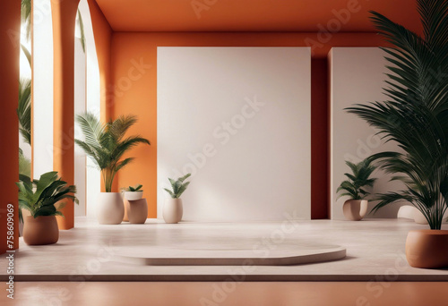 shadows stone leaf orange wall natural made mockup slabs podium palm premium Minimal poduim meditation promotion empty pedestal racked display abstract stage showcase natural spa luxury product