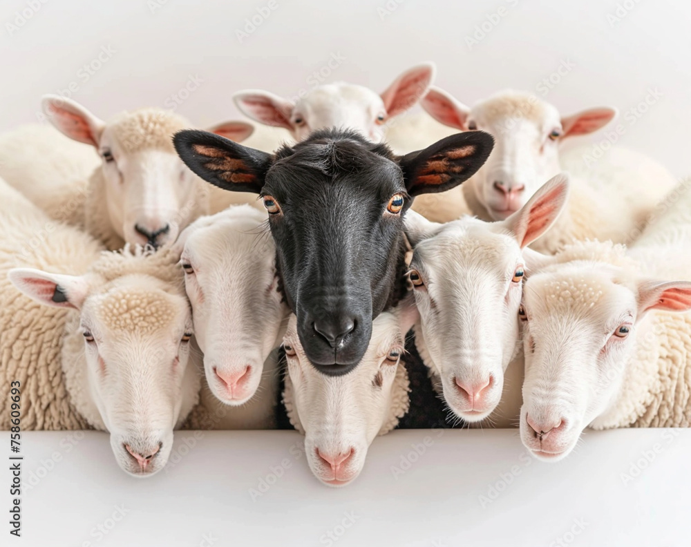 A Beautiful black sheep among a flock of white sheep, raising head as a leader Concept of standing out from the crowd,
of being different and unique with its own identity and special skills among the A Beautiful black sheep among a flock of white sheep, raising head as a leader Concept of standing out from the crowd,
of being different and unique with its own identity and special skills among the