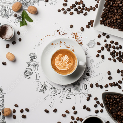 Brown roasted coffee beans beside a white mug filled with steaming hot coffee drink