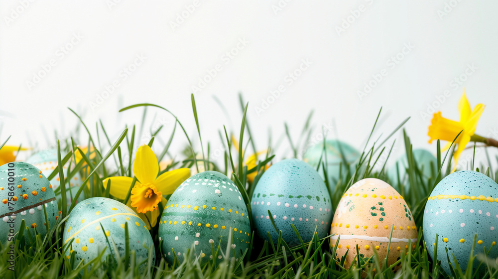 A whimsical scene in the grass where a row of colorful painted eggs are placed, accompanied by vibrant daffodil flowers,Easter Background A whimsical scene in the grass where a row of colorful painted eggs are placed, accompanied by vibrant daffodil flowers,Easter Background