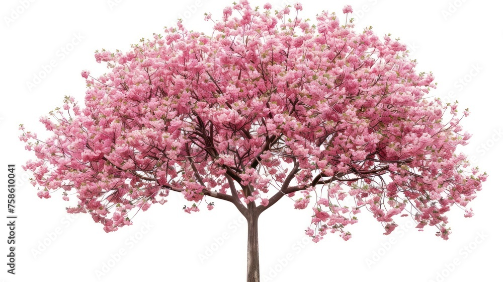 Beautiful cherry blossom flower tree with pink leaves on white background. AI generated image