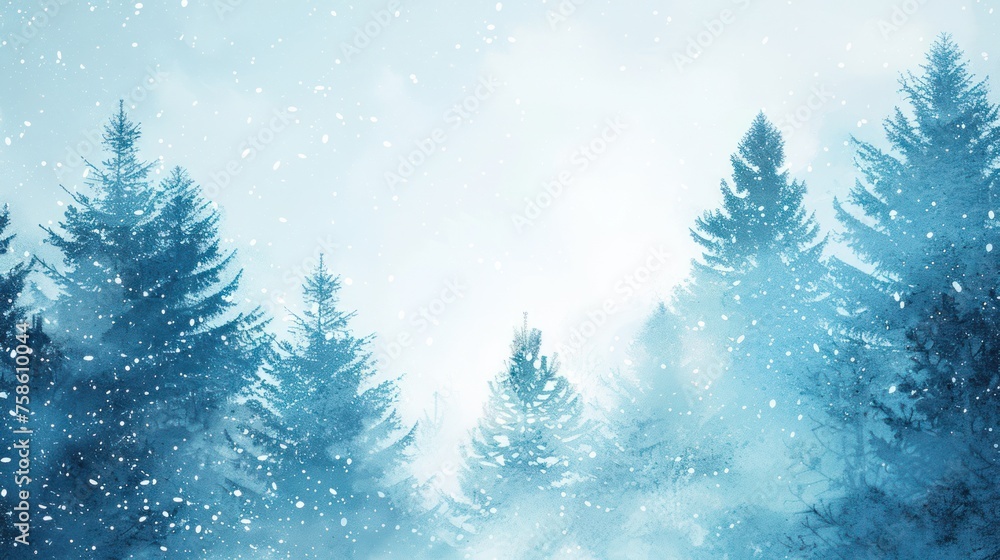 Panoramic landscape of white snow covered blue pine trees in winter scene. AI generated image