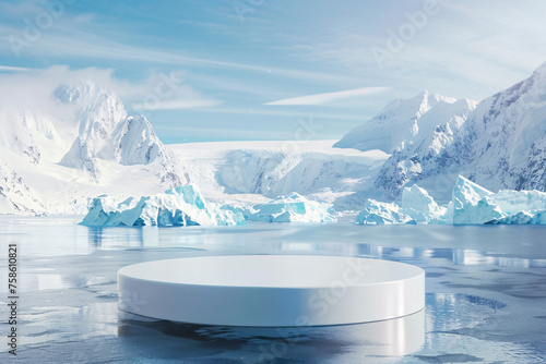 product podium stage presentaion with glacier background for advertisement photo