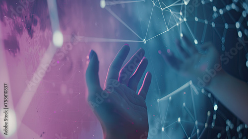 A hand reaching towards glowing digital networks symbolizing connection technology and futuristic innovation