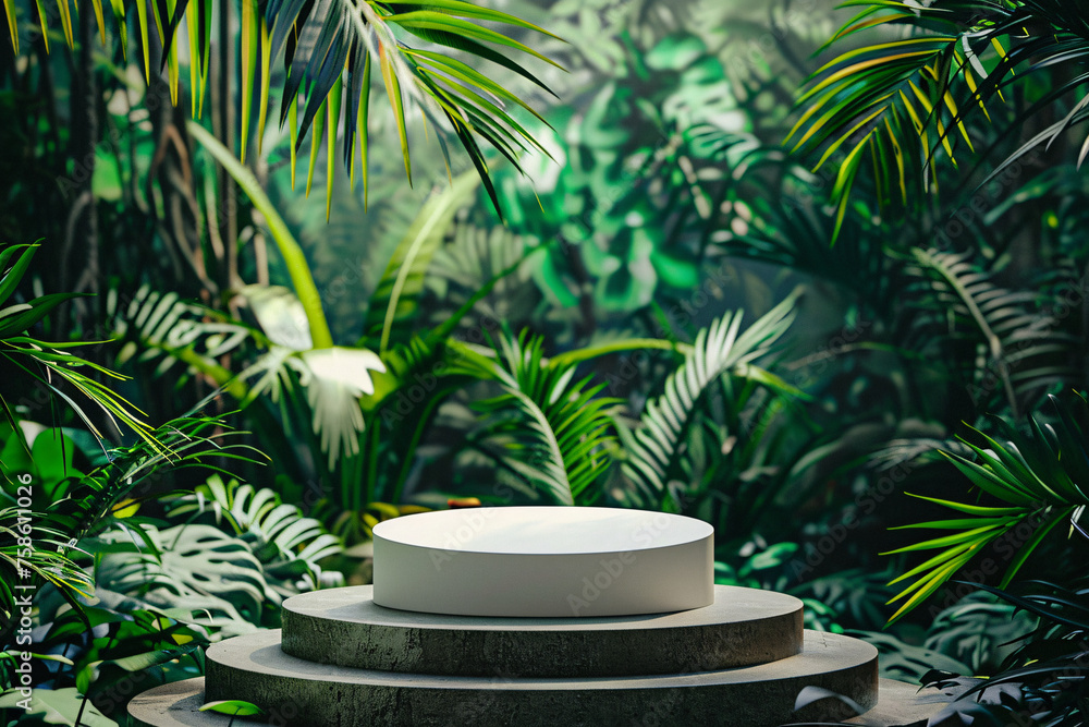 circular product podium presentation with jungle tropical plants background for advertisement circular product podium presentation with jungle tropical plants background for advertisement