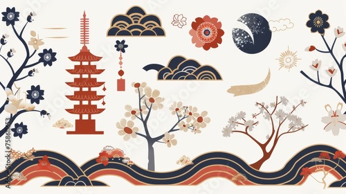 Classic Japanese pattern modern background. Flowers, waves, trees and elements.