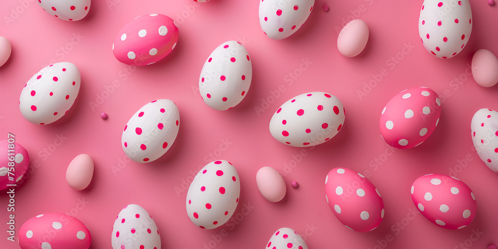 Easter holiday background with Easter eggs and daisy flowers, pastel color Happy easter pink pastel color eggs on pink background.AI Generative