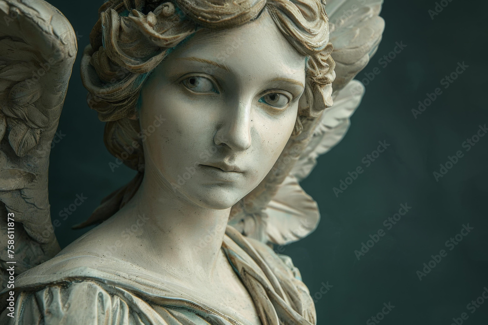 A close up of a statue of an angel with wings. Generative AI.