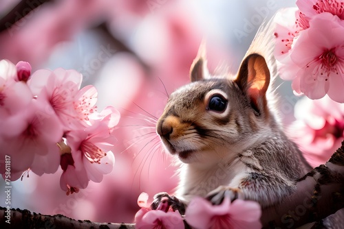 squirrel navigates through cherry blossom branches