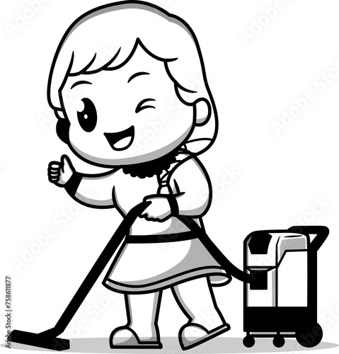 Cute Girl Cleaning With Vacuum Cleaner Cartoon Vector Icon Illustration People Healthy Isolated Flat