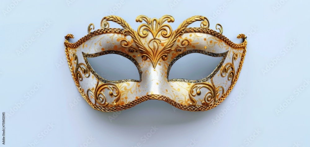 A white and gold venetian mask on a white surface. Generative AI.