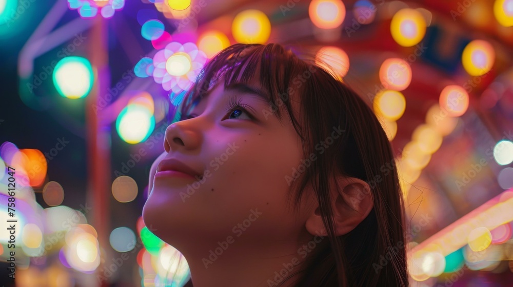 A young girl looking up at a carnival ride with lights. Generative AI. A young girl looking up at a carnival ride with lights. Generative AI.