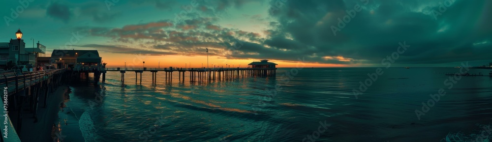 A pier is seen in the distance at sunset with clouds in the sky. Generative AI.