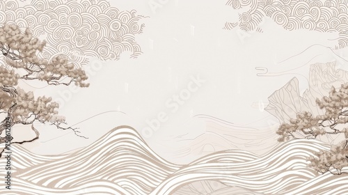 Template modern in Japanese style. Zen garden background with Japanese wave pattern. Chinese sea in oriental arts. Natural luxury texture. photo