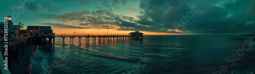 A pier is seen in the distance at sunset with clouds in the sky. Generative AI.