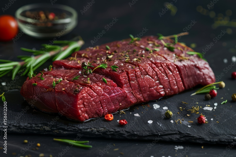 A piece of raw beef meat placed on a slate board with herbs seasoning, ready for cooking