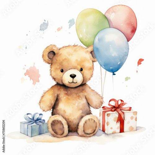 Cute birthday brown teddy bear doll with colorful balloons, birthday gifts and birthday cake with watercolor clipart on white background 