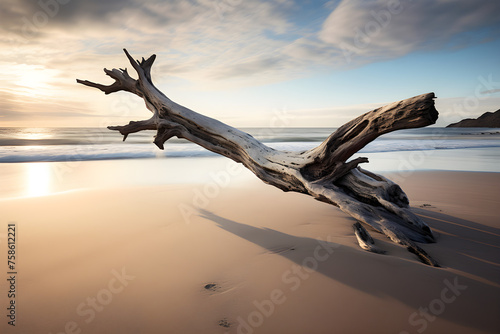 Driftwood Solitude: An Evocative Study of Weathered Wood Amidst a Serene Seascape Bathed in Morning Light