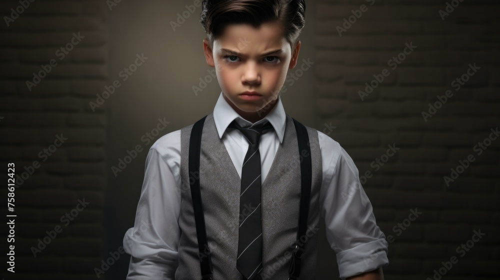 Obraz premium A young boy in a tie and suspenders. Generative AI.