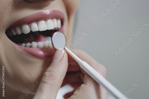 The patient s teeth. The dentist is using a small brush and a water pick to remove plaque and bacteria from the teeth