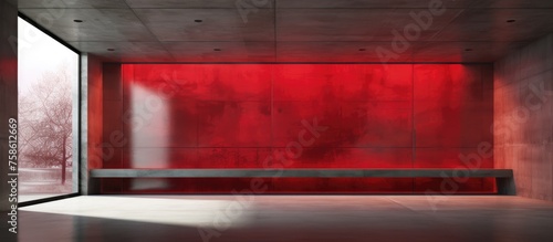 Abstract red and concrete interior design with a window.